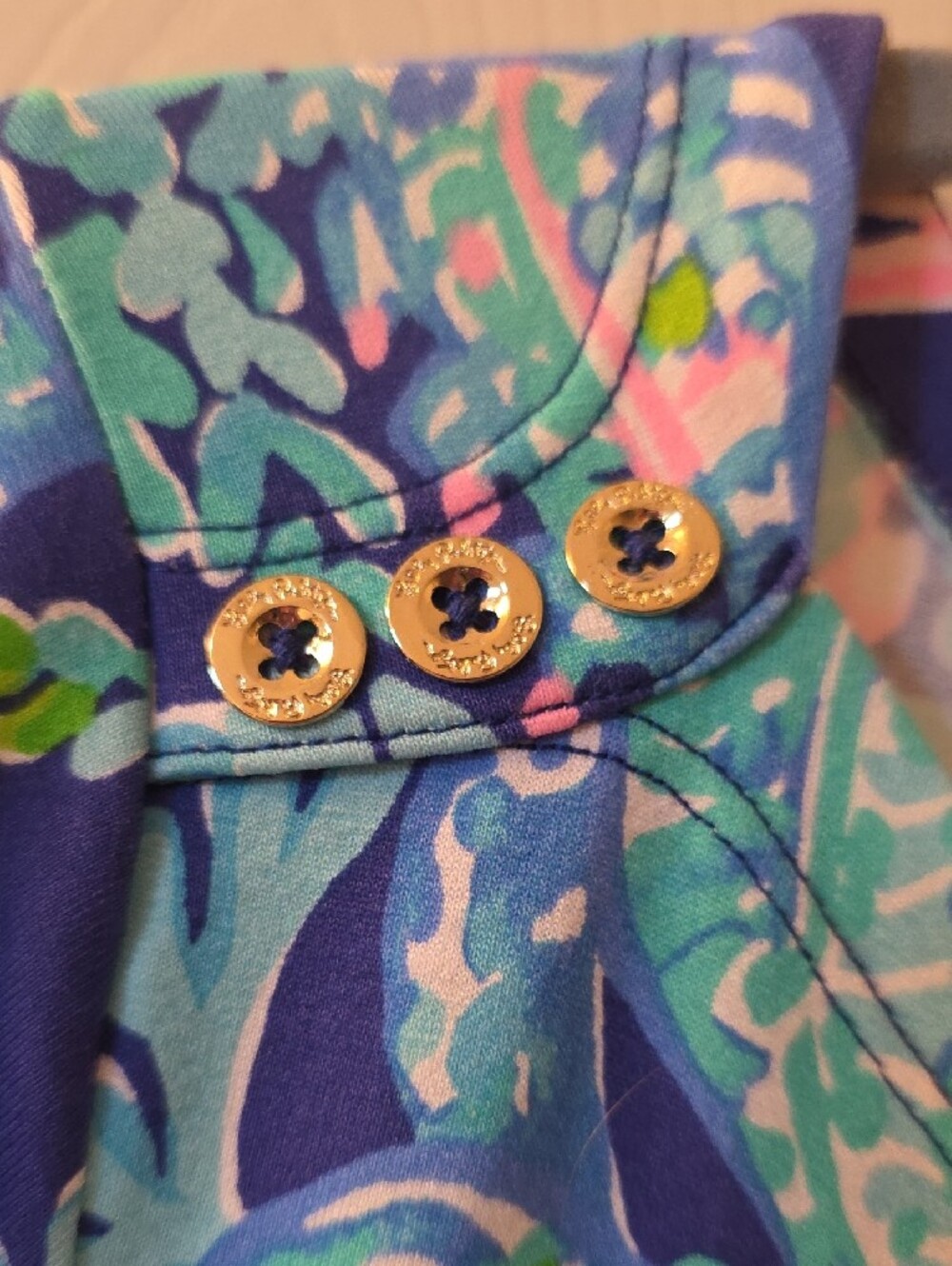 Lilly Pulitzer Blue Shift Dress with Pink & Aqua Accents with Gold Tone Buttons - Picture 4 of 5